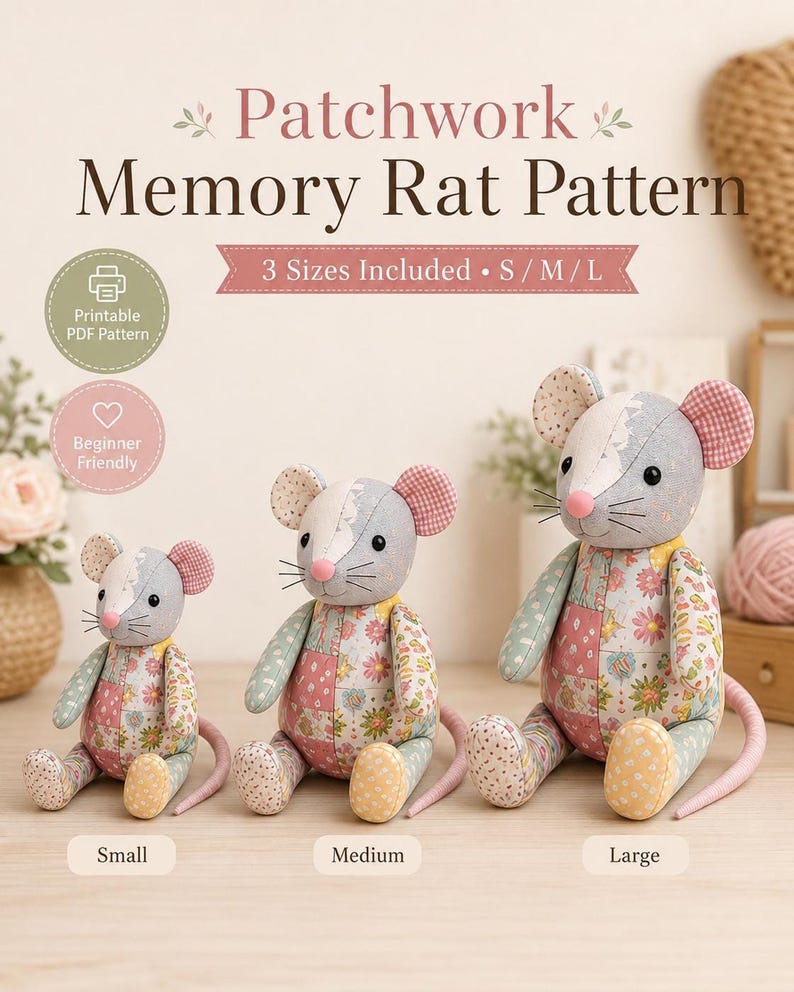 Text advertisement showing three sizes of a handmade patchwork stuffed rat toy with floral and polka dot fabric.