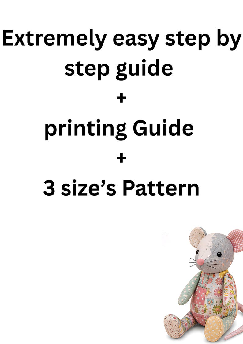 A single patchwork memory rat plush toy sitting in the bottom right corner beneath descriptive text.