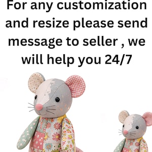 Two different sizes of patchwork memory rat plush toys displayed with customer service text above.