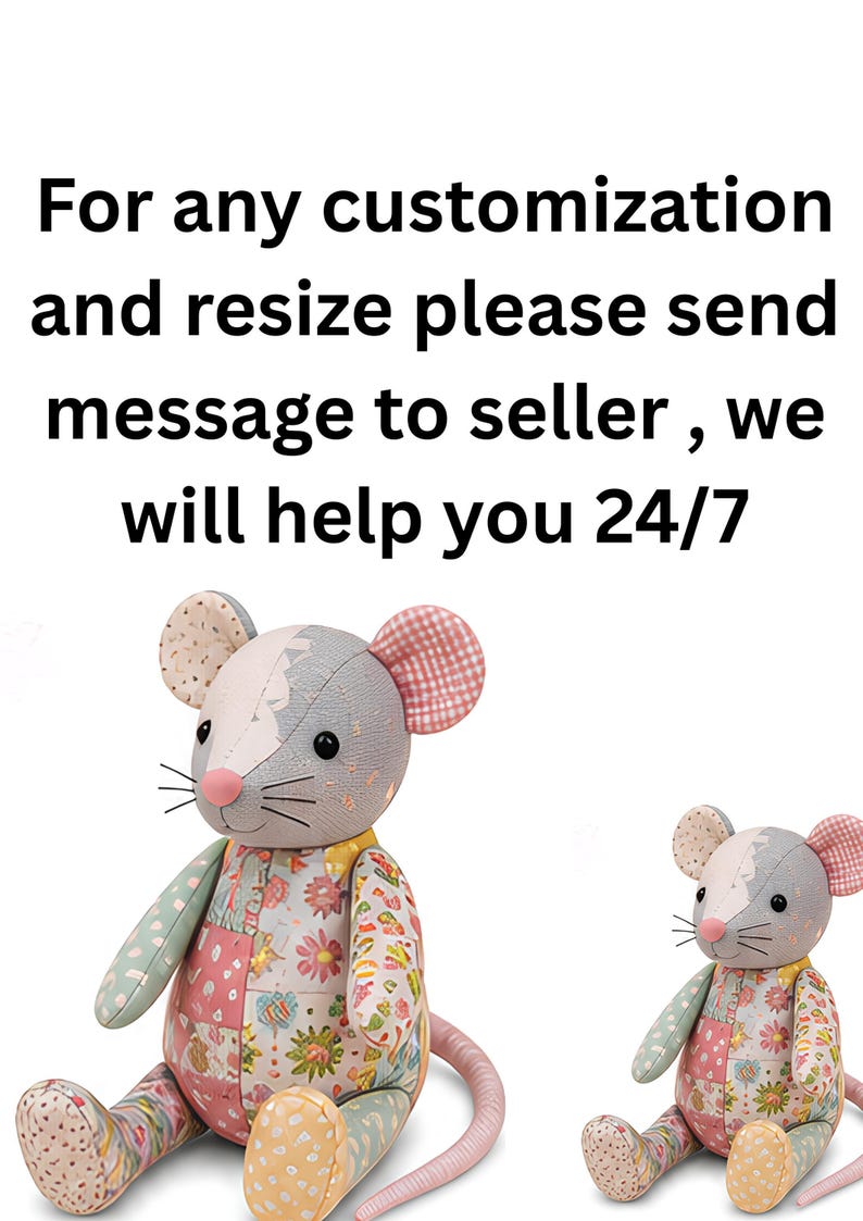 Two different sizes of patchwork memory rat plush toys displayed with customer service text above.