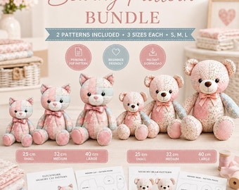 Memory Cat Bear Sewing Pattern Bundle, Keepsake Plush Templates (PDF Download)