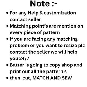Text graphic with a note to contact the seller for help or customization, explaining that matching points are included on every pattern piece.