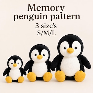 May include: Three plush penguin toys in small, medium, and large sizes, featuring black and white fur, yellow beaks, and yellow feet. The text above reads: Memory penguin pattern, 3 size's, S/M/L. The penguins have round black eyes and white bellies.