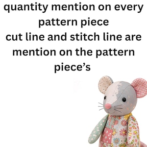 A patchwork memory rat plush toy seated in the lower right corner beneath instructional text about pattern pieces.
