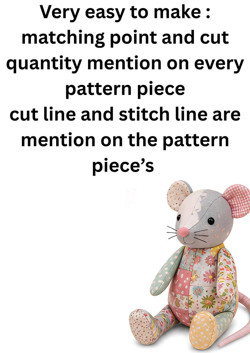 A patchwork memory rat plush toy seated in the lower right corner beneath instructional text about pattern pieces.