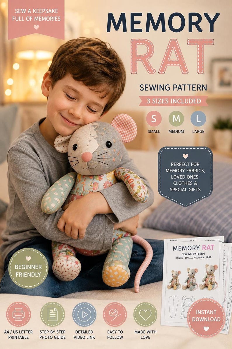 A young boy happily hugging a medium-sized patchwork memory rat toy in front of a printed pattern sheet.