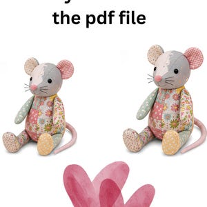 Two patchwork stuffed rat toys displayed above two pink watercolor heart graphics.