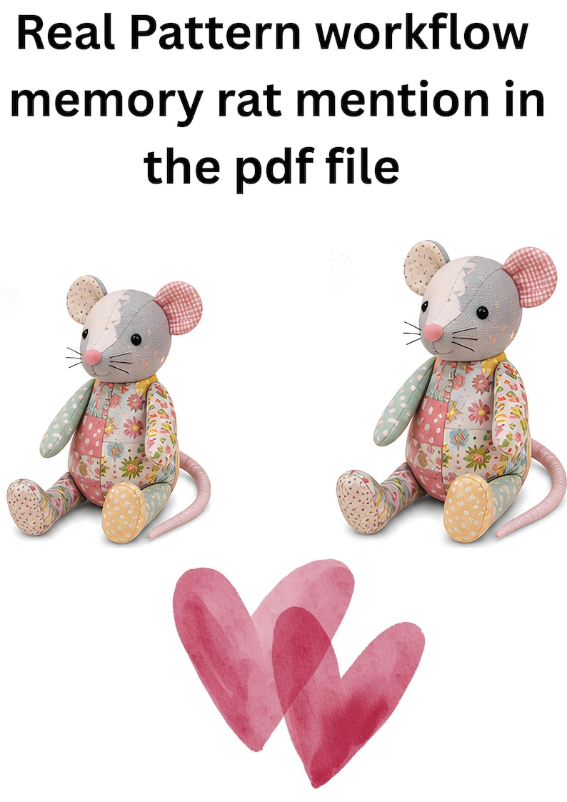 Two patchwork stuffed rat toys displayed above two pink watercolor heart graphics.