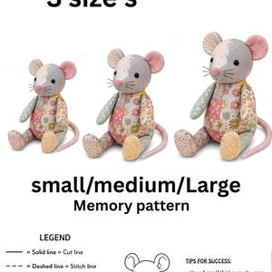 Three sizes of the patchwork memory rat plush displayed alongside pattern legend and sewing tips text.