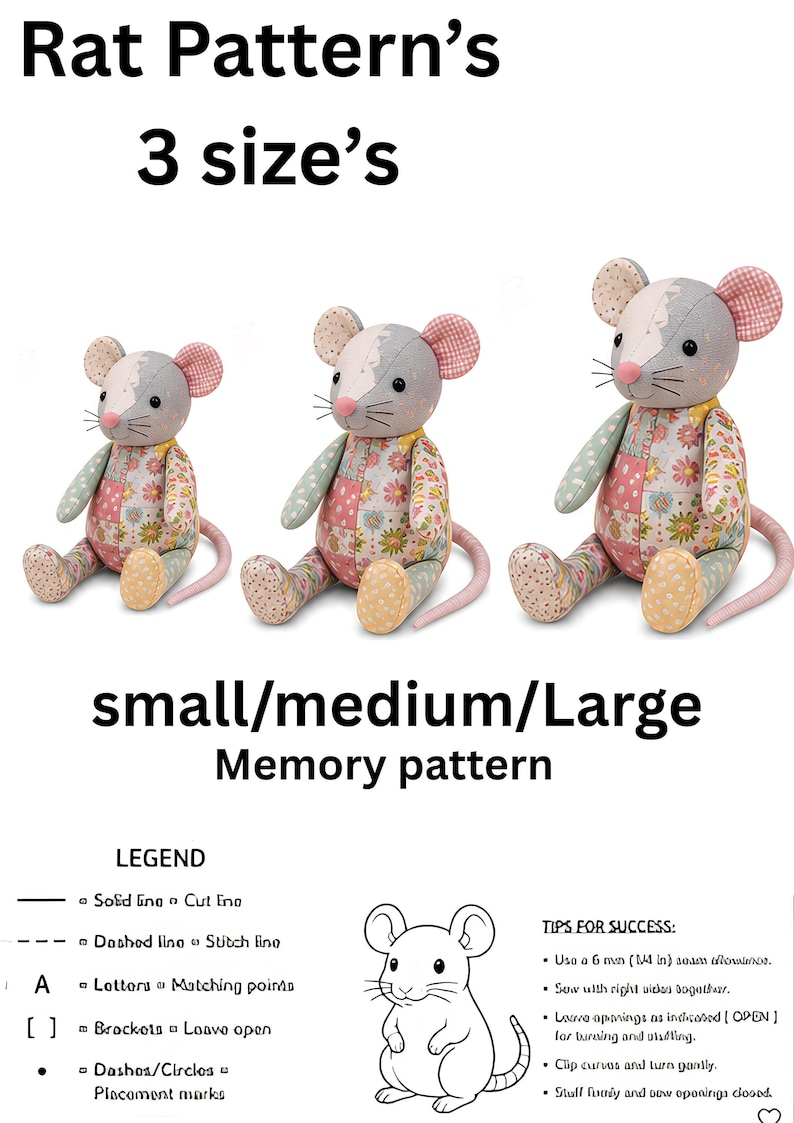 Three sizes of the patchwork memory rat plush displayed alongside pattern legend and sewing tips text.