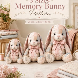 May include: Three plush bunny toys in varying sizes of 25 cm, 32 cm, and 40 cm, featuring a patchwork design in soft pastel pink and blue floral patterns. Each bunny has long ears, a stitched face, and a satin ribbon bow around its neck.