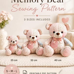 Memory Bear Sewing Pattern PDF, Keepsake Teddy Template in 3 Sizes