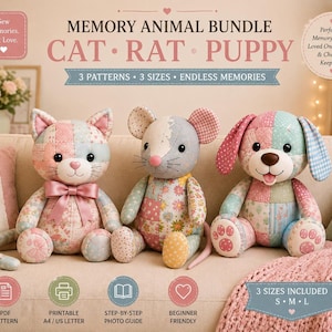 Pode incluir: Um molde de costura de animais de memória com gato, rato e cachorro. O texto diz MEMORY ANIMAL BUNDLE CAT RAT PUPPY, 3 PATTERNS 3 SIZES ENDLESS MEMORIES e 3 SIZES INCLUDED S M L. Três peluches feitos de tecido patchwork em tons pastel.