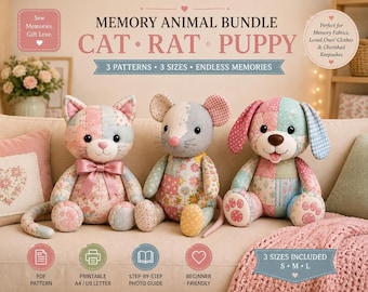 Memory Cat Rat Puppy Sewing Pattern Bundle, Keepsake Animal Plush (3 Sizes)