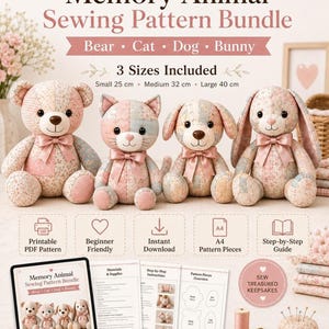 Memory Animal Sewing Pattern Bundle PDF, Bear Cat Dog Bunny, 3 Sizes (Digital Download)