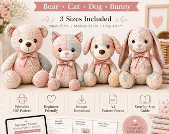Memory Animal Sewing Pattern Bundle PDF, Bear Cat Dog Bunny, 3 Sizes (Digital Download)