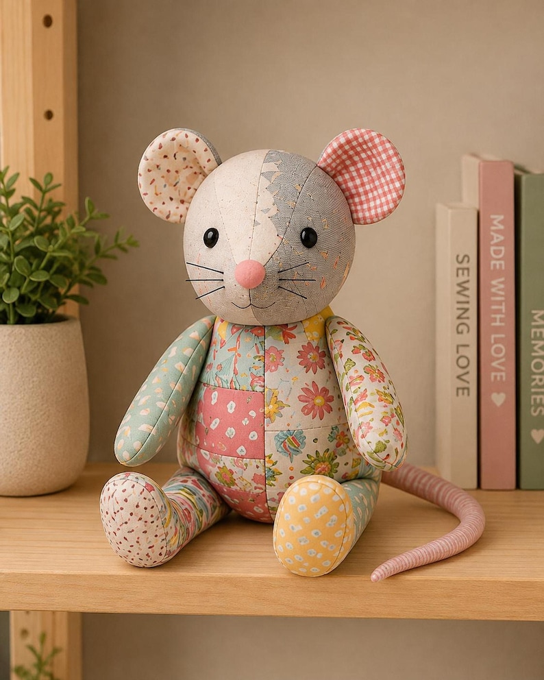 A single patchwork stuffed rat plush toy sitting on a wooden shelf next to a small potted plant and books.