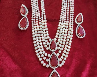 Layered Pearl Necklace Set with Ruby Red Teardrop Stones, Matching Earrings