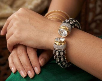 Pulsera Kada abatible con piedras Monalisa / Conjunto étnico bicolor para fiestas