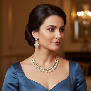 Puede incluir: Una mujer lleva un collar de oro y pendientes a juego. La joyería presenta piedras preciosas redondas y transparentes engastadas en un marco de oro. La mujer lleva un vestido azul.