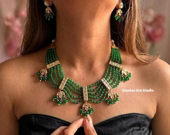 Grüne Perlen Kundan Halskette mit Ohrringen | Braut Hochzeit Statement Choker