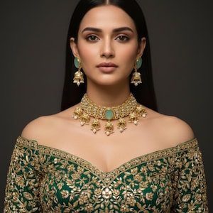 Elegant mintgrönt Kundan chokerhalsband med örhängen | Brud- och festsmycken