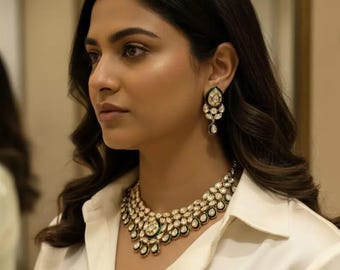 Green Kundan Pearl Bridal Necklace Set | Indian Wedding Statement Choker with Earrings