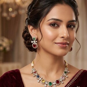 Multicolor Stone Bridal Necklace Set | Kundan Style Indian Wedding Party Wear