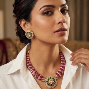 May include: A gold-toned necklace and matching stud earrings featuring vibrant pink oval-shaped stones and small green circular stones arranged in a floral pattern, accented with clear white crystals set in a metallic frame against a white shirt.