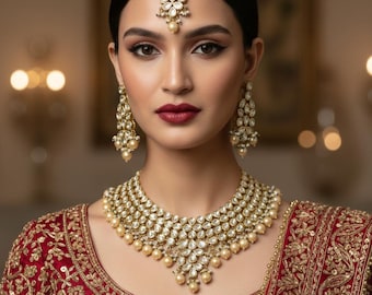 Kundan Bridal Necklace Set with Pearls | Traditional Indian Wedding Jewelry | Statement Choker Set for Bride