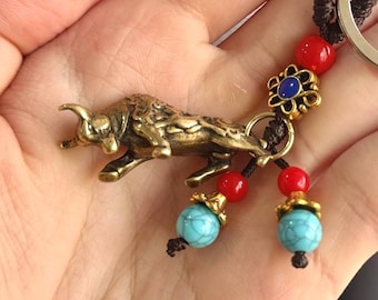 Handmade Brass Ox Bull Keychain, Chinese Zodiac Charm, Vintage Feng Shui Gift, Lunar New Year Lucky Pendant, Oriental Good Fortune, Beads