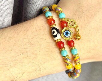 Double-Layer Colorful Beaded Bracelet – Handmade Multicolor Gemstone Stretch Wrap with Evil Eye & Chinese Coin Charms, Unique Spiritual Gift