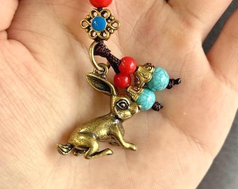 Handmade Brass Rabbit Keychain Pendant, Chinese Zodiac Charm, Vintage Oriental Good Fortune Gift, Lunar New Year Gift, Lucky Beads Feng Shui