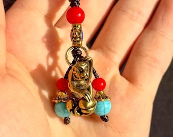 Handmade Brass Monkey Keychain Pendant, Chinese Zodiac Charm, Vintage Oriental Good Fortune Gift, Lunar New Year Gift, Lucky Beads Feng Shui