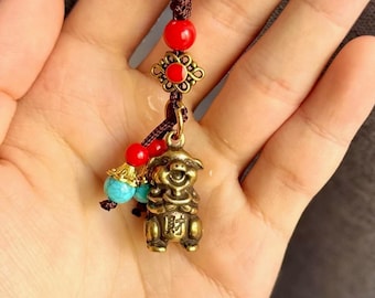Handmade Brass Pig Keychain Pendant, Chinese Zodiac Charm, Vintage Oriental Good Fortune Gift, Lunar New Year Gift, Lucky Beads Feng Shui