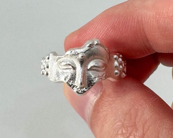 925 Sterling Silver Buddha Face Ring – Broken Statue Meditation Jewelry, Handmade Pagan Signet Ring for Men & Women, Minimalist, Spiritual