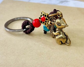 Handmade Brass Rat Keychain Pendant, Chinese Zodiac Charm, Vintage Oriental Good Fortune Gift, Lunar New Year Gift, Lucky Beads Feng Shui