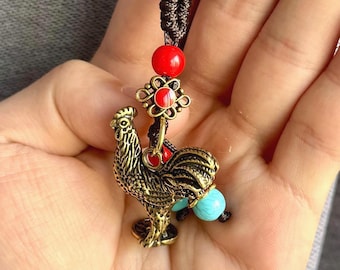 Handmade Brass Rooster Keychain Pendant, Chinese Zodiac Charm, Vintage Oriental Good Fortune Gift, Lunar New Year, Lucky Beads Feng Shui