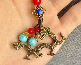 Handmade Brass Dragon Keychain Pendant, Chinese Zodiac Charm, Vintage Oriental Good Fortune Gift, Lunar New Year Gift, Lucky Beads Feng Shui
