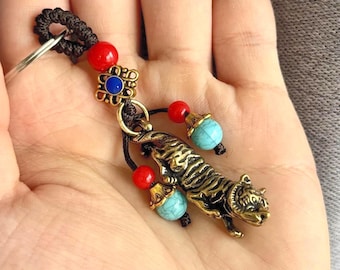 Handmade Brass Tiger Keychain Pendant, Chinese Zodiac Charm, Vintage Oriental Good Fortune Gift, Lunar New Year Gift, Lucky Beads Feng Shui