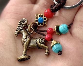 Handmade Brass Goat Keychain Pendant, Chinese Zodiac Charm, Vintage Oriental Good Fortune Gift, Lunar New Year Gift, Lucky Beads Feng Shui