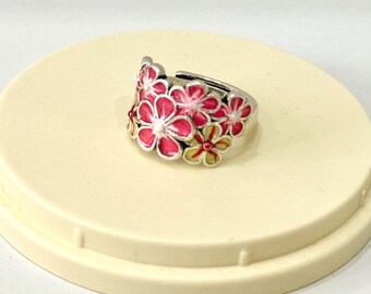 925 Silver Sakura Ring – Cherry Blossom Flower Ring with Pink Enamel & Mother of Pearl, Delicate Floral Jewelry Gift for Her or Him, Couples
