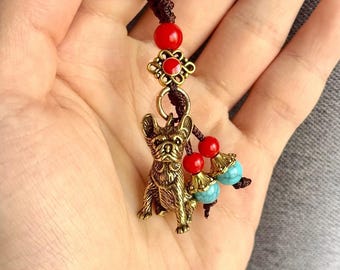 Handmade Brass Dog Keychain Pendant, Chinese Zodiac Charm, Vintage Oriental Good Fortune Gift, Lunar New Year Gift, Lucky Beads Feng Shui