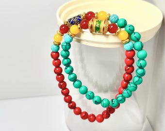Double-Layer Ethnic Beaded Bracelet – Handmade Red & Turquoise Gemstone Stretch Wrap with Vintage Charm, Feng Shui Protection Spiritual Gift