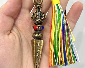Tibetan Vajra Pendant with Lucky Beads & Bone Charm – Brass Dorje Decor, Colorful Tassel, Boho Hippie Spiritual Gift for Men Women