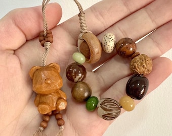 Handmade Sandalwood Bear Keychain, Lucky Beads, Boho Bag Charm