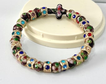 Vintage Enamel Cross Stretch Bracelet – Colorful Beaded Unisex Handmade Jewelry with Gemstone & Elastic Cord, Boho Spiritual Gift