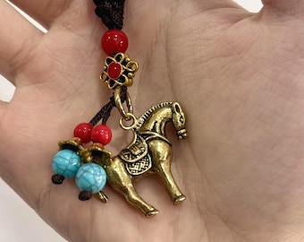 Handmade Brass Horse Keychain Pendant, Chinese Zodiac Charm for 2026 Horse Year, Lucky Red & Blue Beads, Vintage Oriental Good Fortune Gift