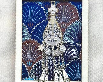 Chinese Silver Pipa Fridge Magnet – Handmade Wooden Folk Art with Blue Embroidery & Dangling Charms, Ethnic Miao-Inspired Gift, Home Decor
