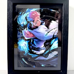 May include: Black framed artwork depicting a character with pink and blue hair, set against a backdrop of blue and black energy. The character is dressed in white and blue. The frame is black.